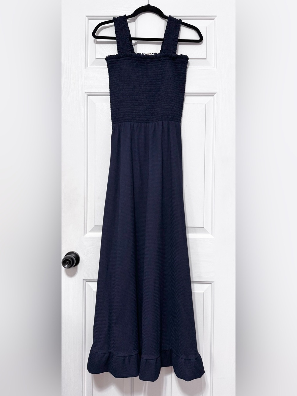 Michael Kors Navy Smocked with wide smocked straps Maxi Dress with Ruffle Hem S